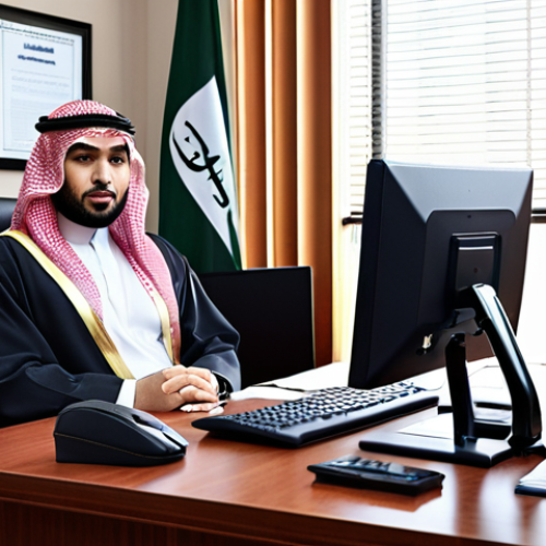 Home 15 **Prompt:** Modern law office interior. Focus on a lawyer at a desk, working with technology (computer, case management software). Include Arabic script on a legal document. Emphasize professionalism and competence.