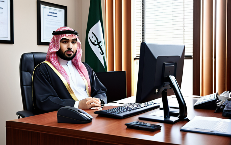 **Prompt:** Modern law office interior. Focus on a lawyer at a desk, working with technology (computer, case management software). Include Arabic script on a legal document. Emphasize professionalism and competence.