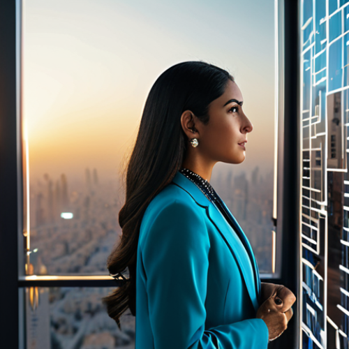 Home 14 A professional Arab female lawyer, fully clothed in a modest, elegant modern business suit and a contemporary abaya, stands confidently in a high-tech, minimalist office. She looks thoughtfully at a transparent holographic display showcasing complex legal data and digital contracts, her expression is one of calm expertise. The office features large windows overlooking a modern, bustling Middle Eastern city skyline at sunset. The interior is sleek, with integrated digital screens, subtle Arabic geometric patterns in the decor, and soft, professional lighting. Perfect anatomy, correct proportions, natural pose, well-formed hands, proper finger count, high-resolution, ultra-detailed, professional photography, cinematic lighting, 8k, safe for work, appropriate content, fully clothed, professional.