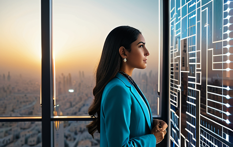 A professional Arab female lawyer, fully clothed in a modest, elegant modern business suit and a contemporary abaya, stands confidently in a high-tech, minimalist office. She looks thoughtfully at a transparent holographic display showcasing complex legal data and digital contracts, her expression is one of calm expertise. The office features large windows overlooking a modern, bustling Middle Eastern city skyline at sunset. The interior is sleek, with integrated digital screens, subtle Arabic geometric patterns in the decor, and soft, professional lighting. Perfect anatomy, correct proportions, natural pose, well-formed hands, proper finger count, high-resolution, ultra-detailed, professional photography, cinematic lighting, 8k, safe for work, appropriate content, fully clothed, professional.