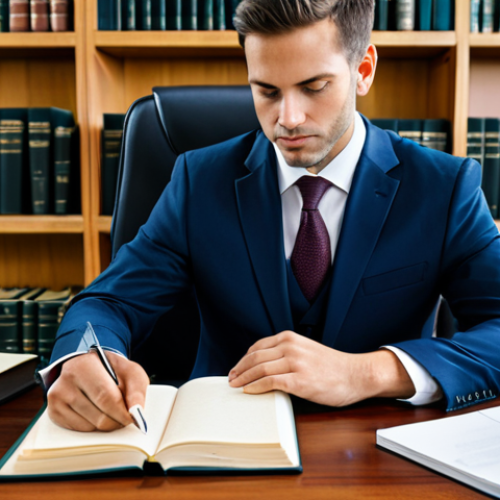 Home 7 A professional male notary public in a modest business suit and tie, seated at a large, polished wooden desk in a modern, well-lit legal office. On one side of the desk are stacks of classic, leather-bound legal tomes and neatly arranged traditional paper documents, symbolizing foundational law. On the other side, a sleek laptop displays complex digital contracts, and a tablet shows an electronic signature interface, representing cybersecurity and digital law. The background features bookshelves filled with diverse law books and subtle technological elements. The atmosphere is sophisticated and intelligent. Fully clothed, modest clothing, appropriate attire, professional dress, safe for work, appropriate content, perfect anatomy, correct proportions, natural pose, well-formed hands, proper finger count, natural body proportions, high-resolution, professional photography.