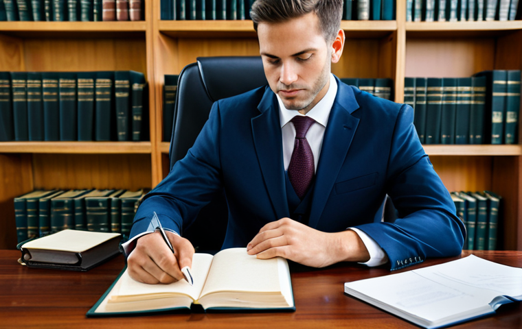 A professional male notary public in a modest business suit and tie, seated at a large, polished wooden desk in a modern, well-lit legal office. On one side of the desk are stacks of classic, leather-bound legal tomes and neatly arranged traditional paper documents, symbolizing foundational law. On the other side, a sleek laptop displays complex digital contracts, and a tablet shows an electronic signature interface, representing cybersecurity and digital law. The background features bookshelves filled with diverse law books and subtle technological elements. The atmosphere is sophisticated and intelligent. Fully clothed, modest clothing, appropriate attire, professional dress, safe for work, appropriate content, perfect anatomy, correct proportions, natural pose, well-formed hands, proper finger count, natural body proportions, high-resolution, professional photography.