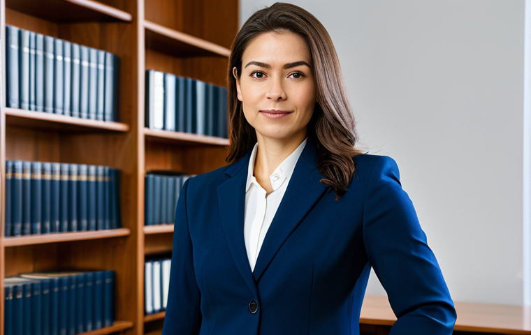 법무사 실기시험 준비법 - **Image Prompt:** "A professional female lawyer in a modest, dark blue business suit, standing confi...