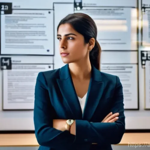 법무사 초보자의 성공적인 첫 케이스 사례 - **Prompt 1: The Focused Legal Analyst**
    "A young, determined Arab female lawyer, dressed in a pr...