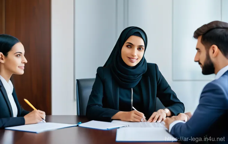 법무사 초보자의 성공적인 첫 케이스 사례 - **Prompt 1: The Focused Legal Analyst**
    "A young, determined Arab female lawyer, dressed in a pr...