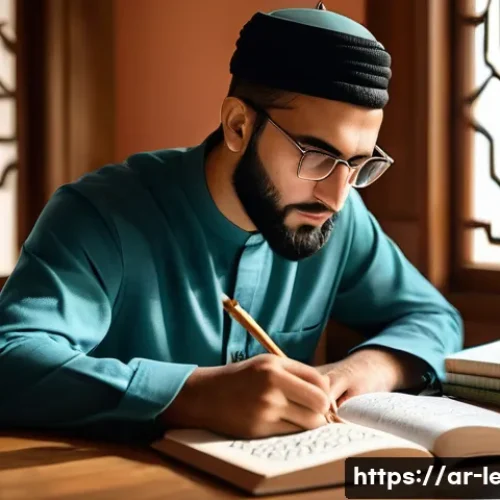 법무사 시험 공부를 위한 타임테이블 작성법 - A focused Arab male law student studying at a traditional wooden desk in a bright, cozy room decorat...
