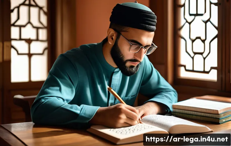 법무사 시험 공부를 위한 타임테이블 작성법 - A focused Arab male law student studying at a traditional wooden desk in a bright, cozy room decorat...