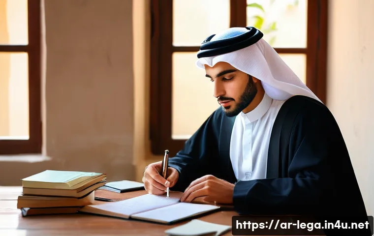 법무사 자격증을 위한 학습 일정표 - A focused Arab law student studying at a tidy desk in a traditional Middle Eastern home setting, sur...