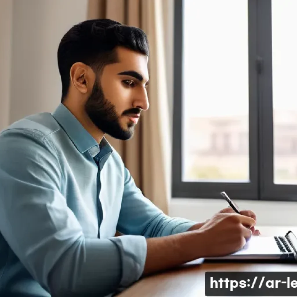 법무사 자격증 취득 성공 사례 - A focused young Middle Eastern man sitting at a modern study desk in a bright, tidy room with Arabic...