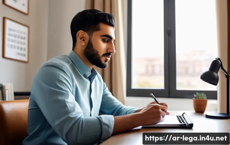 법무사 자격증 취득 성공 사례 - A focused young Middle Eastern man sitting at a modern study desk in a bright, tidy room with Arabic...
