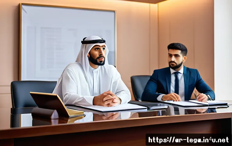 법무사 실무와 관련된 고객 사례 - A professional Middle Eastern lawyer in a modern office setting, engaged in intense negotiation with...