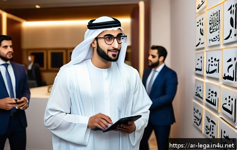 법무사 초보 실무 성공 사례 분석 - A young Arab male lawyer wearing formal business attire and glasses, confidently networking at a pro...
