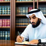 법무사 업무 중 소송 서류 작성법 - A professional Arabic legal office setting with a middle-aged Arab lawyer in formal attire, sitting ...
