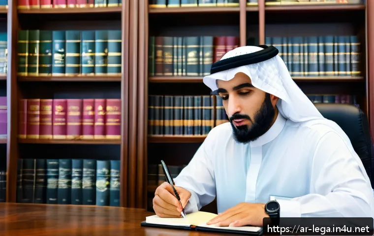 법무사 업무 중 소송 서류 작성법 - A professional Arabic legal office setting with a middle-aged Arab lawyer in formal attire, sitting ...