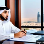 법무사 초보 실무 연습 케이스 - A professional Arab legal consultant in a modern office setting, meticulously drafting a detailed co...