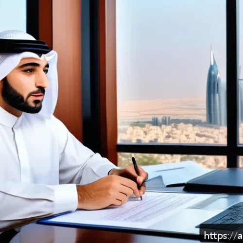 법무사 초보 실무 연습 케이스 - A professional Arab legal consultant in a modern office setting, meticulously drafting a detailed co...