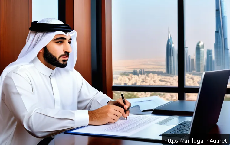 법무사 초보 실무 연습 케이스 - A professional Arab legal consultant in a modern office setting, meticulously drafting a detailed co...