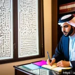 법무사 시험 중 형법 과목 대비법 - A modern study room setting featuring an Arab male law student deeply focused on reading a detailed ...