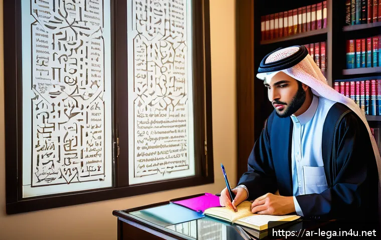 법무사 시험 중 형법 과목 대비법 - A modern study room setting featuring an Arab male law student deeply focused on reading a detailed ...