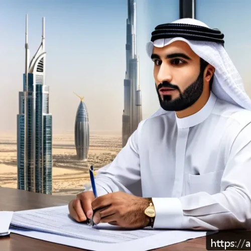 법무사로서 부동산 거래 사례 - A professional legal advisor in traditional Emirati attire sitting at a modern office desk in Dubai,...
