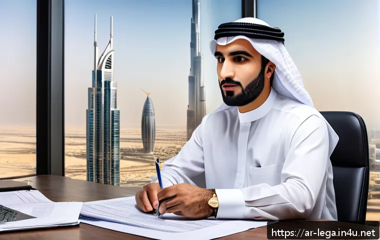법무사로서 부동산 거래 사례 - A professional legal advisor in traditional Emirati attire sitting at a modern office desk in Dubai,...
