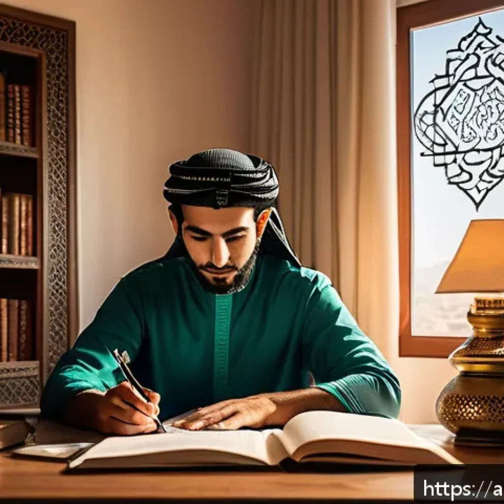 법무사 시험을 위한 효과적인 복습 방법 - A focused young Arab law student studying at a modern desk in a cozy home office, surrounded by neat...