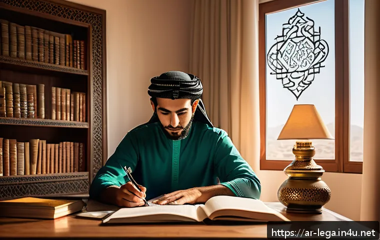 법무사 시험을 위한 효과적인 복습 방법 - A focused young Arab law student studying at a modern desk in a cozy home office, surrounded by neat...