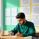 법무사 시험의 최근 합격 트렌드 - A focused Arab male student studying for a law exam in a modern, sunlit room with Arabic calligraphy...