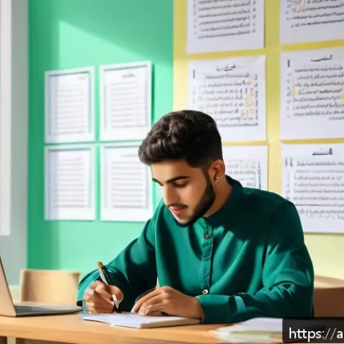 법무사 시험의 최근 합격 트렌드 - A focused Arab male student studying for a law exam in a modern, sunlit room with Arabic calligraphy...