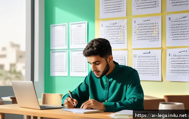 법무사 시험의 최근 합격 트렌드 - A focused Arab male student studying for a law exam in a modern, sunlit room with Arabic calligraphy...