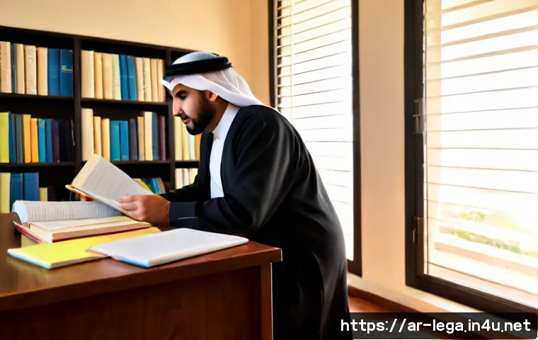 Home 13 법무사 시험의 최신 변경 사항 - Photorealistic legal exam preparation scene in a modern Middle Eastern study room, an Arab adult can...